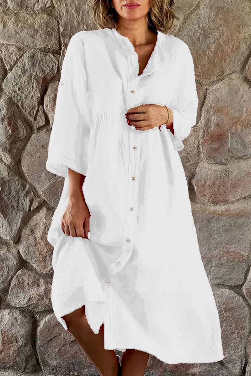 Casual Simplicity Solid Buttons Mandarin Collar Shirt Dress Dresses White