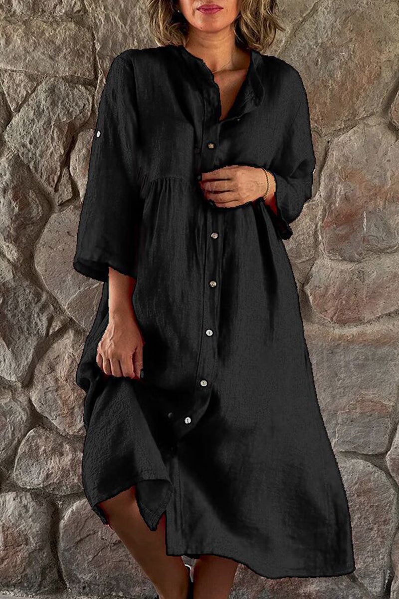 Casual Simplicity Solid Buttons Mandarin Collar Shirt Dress Dresses Black