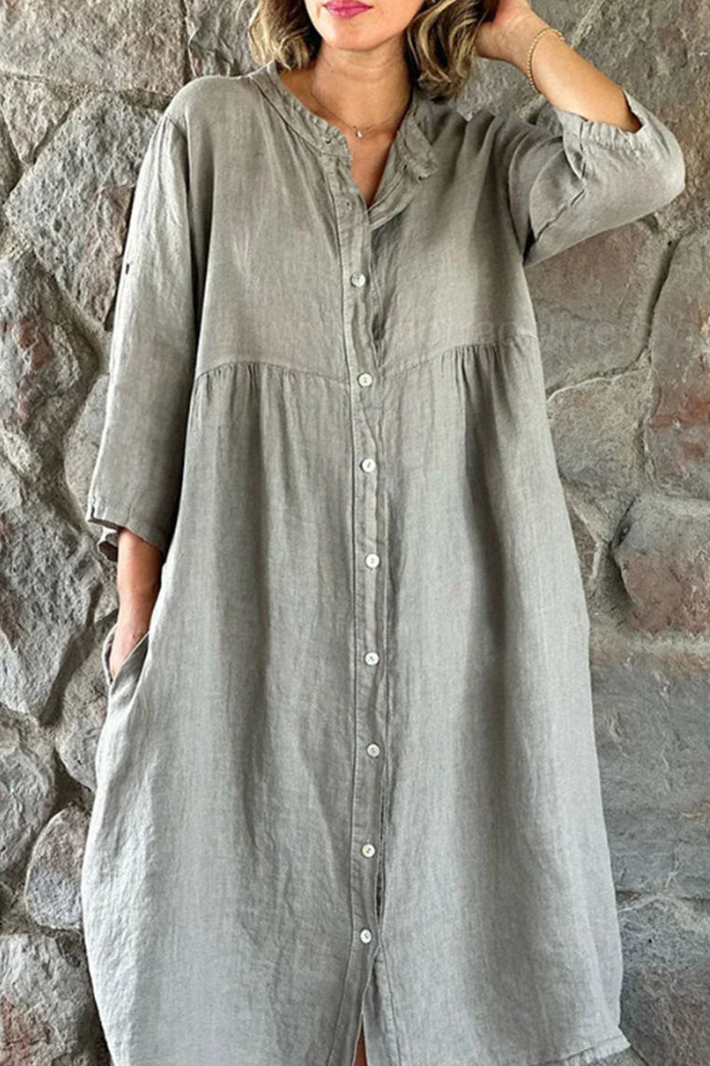 Casual Simplicity Solid Buttons Mandarin Collar Shirt Dress Dresses Grey