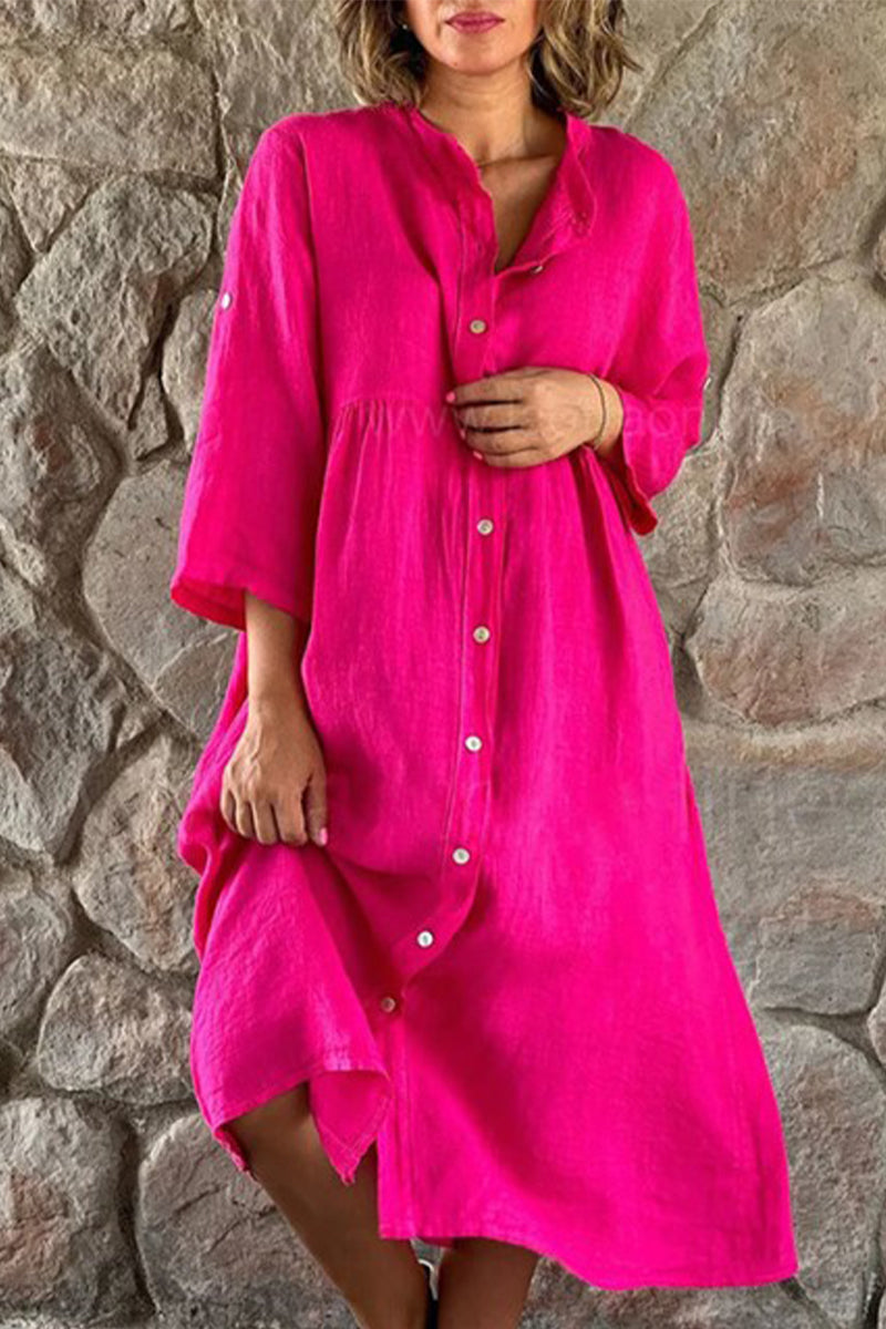 Casual Simplicity Solid Buttons Mandarin Collar Shirt Dress Dresses Rose Red