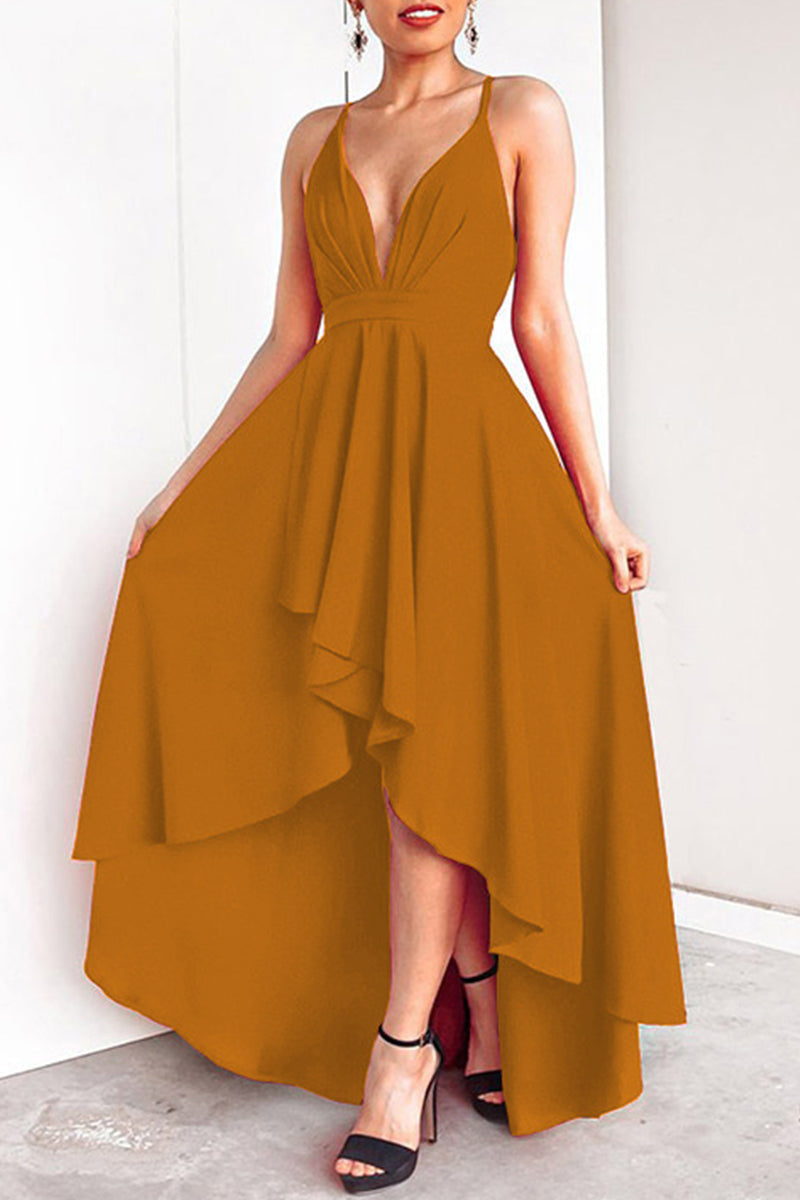 Sexy Formal Solid Asymmetrical V Neck Dresses Orange Yellow