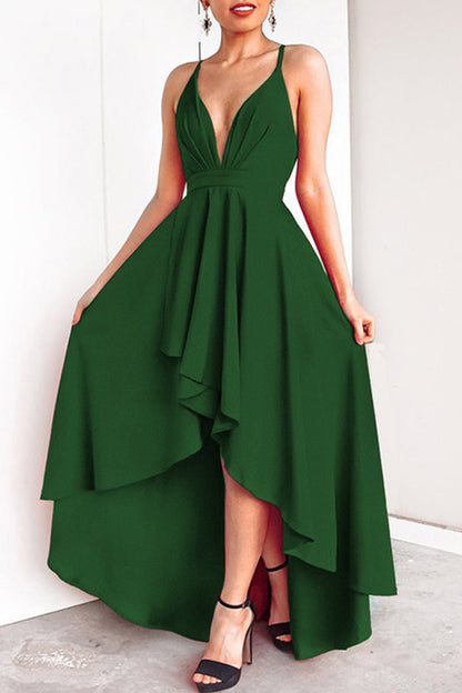 Sexy Formal Solid Asymmetrical V Neck Dresses Ink Green