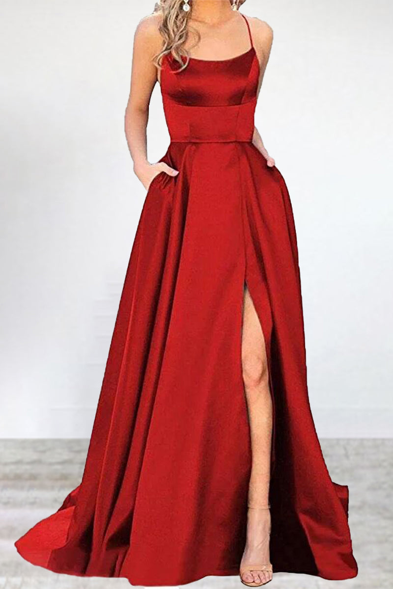 Sexy Formal Solid High Opening U Neck Evening Dress Dresses Red