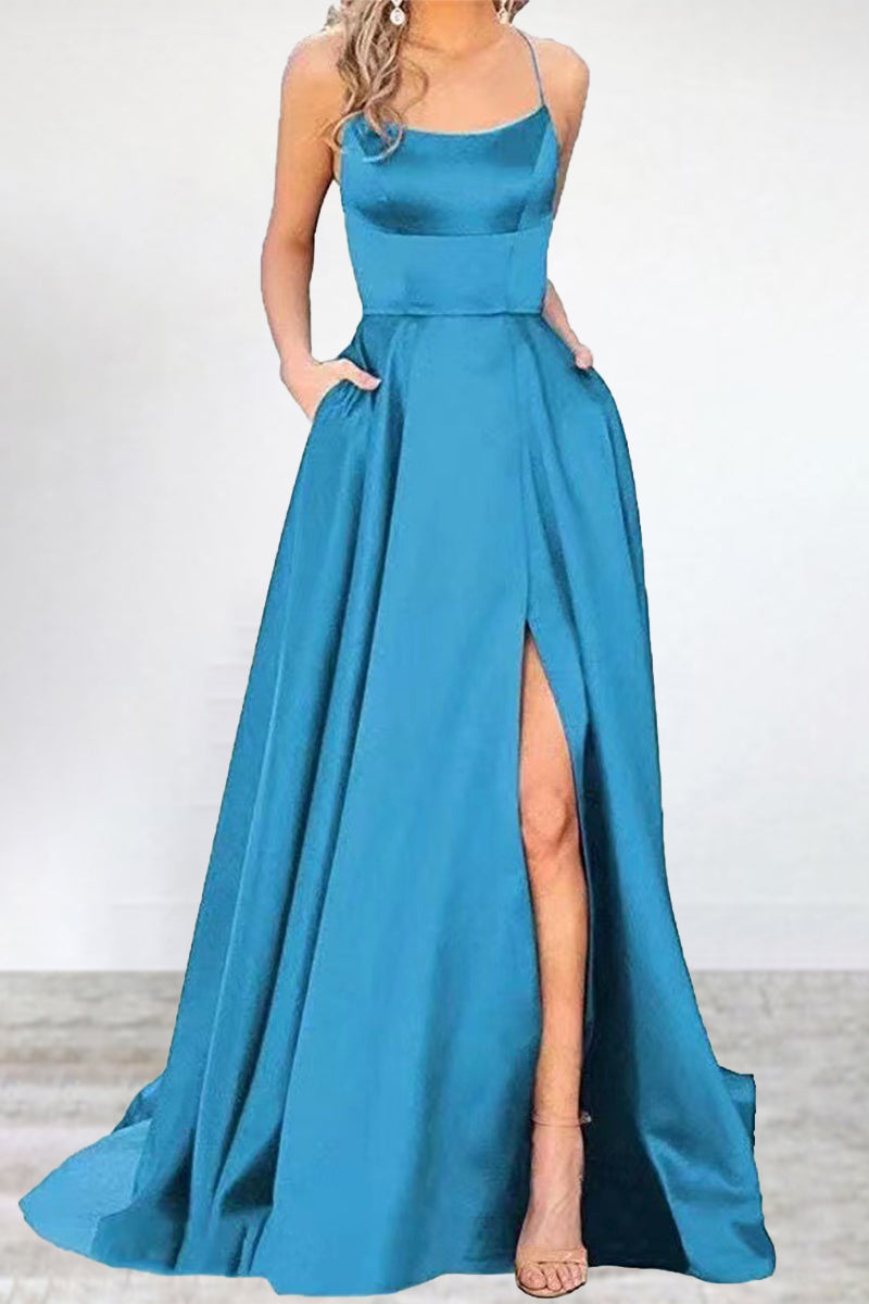 Sexy Formal Solid High Opening U Neck Evening Dress Dresses Sky Blue