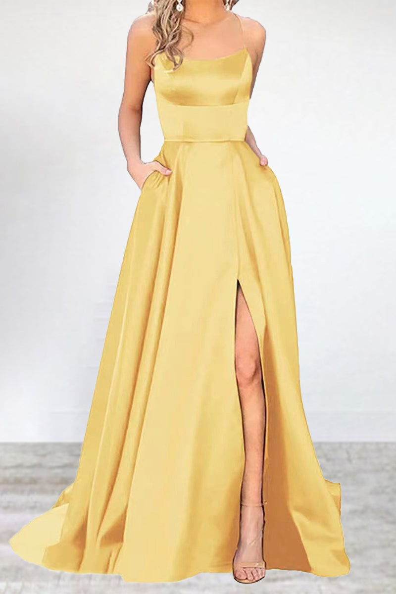 Sexy Formal Solid High Opening U Neck Evening Dress Dresses Yellow