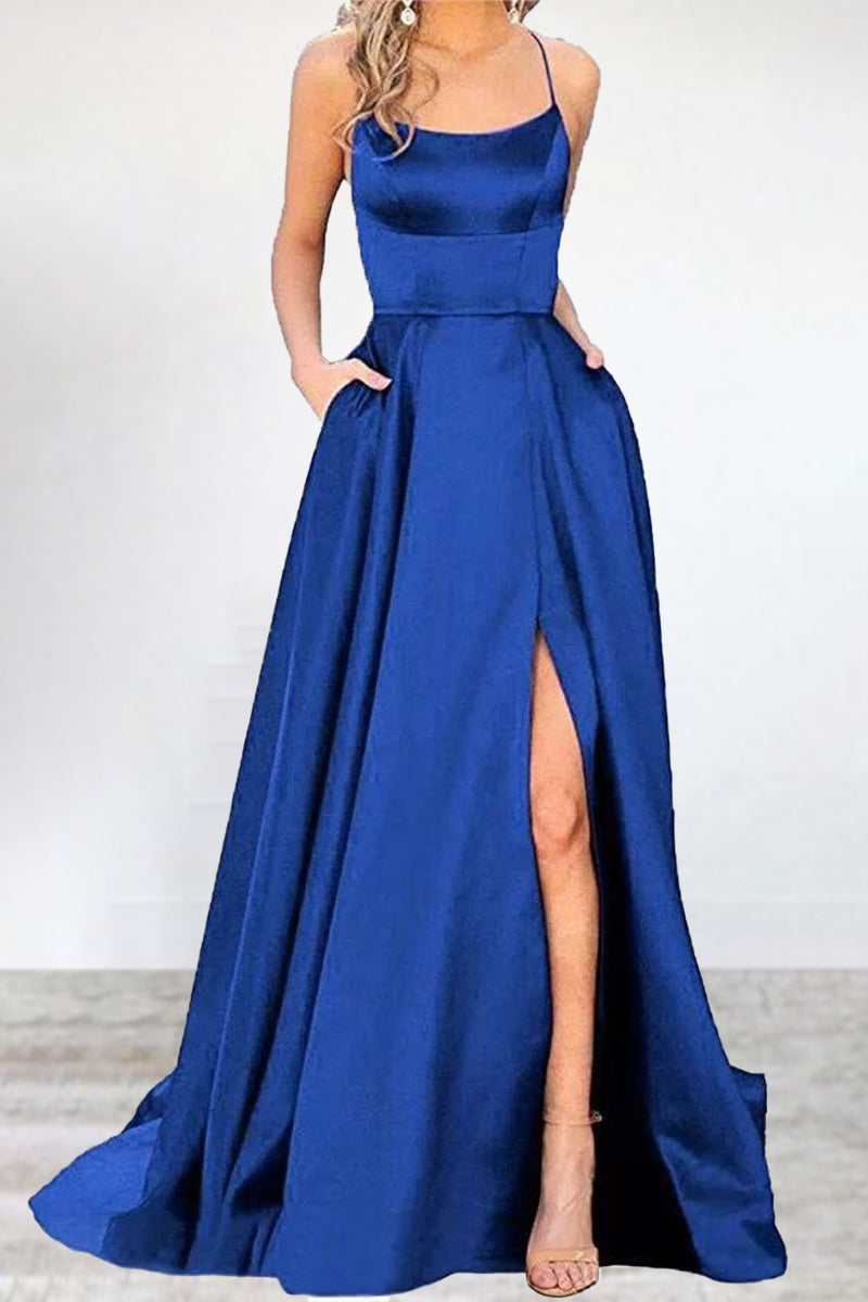 Sexy Formal Solid High Opening U Neck Evening Dress Dresses Blue