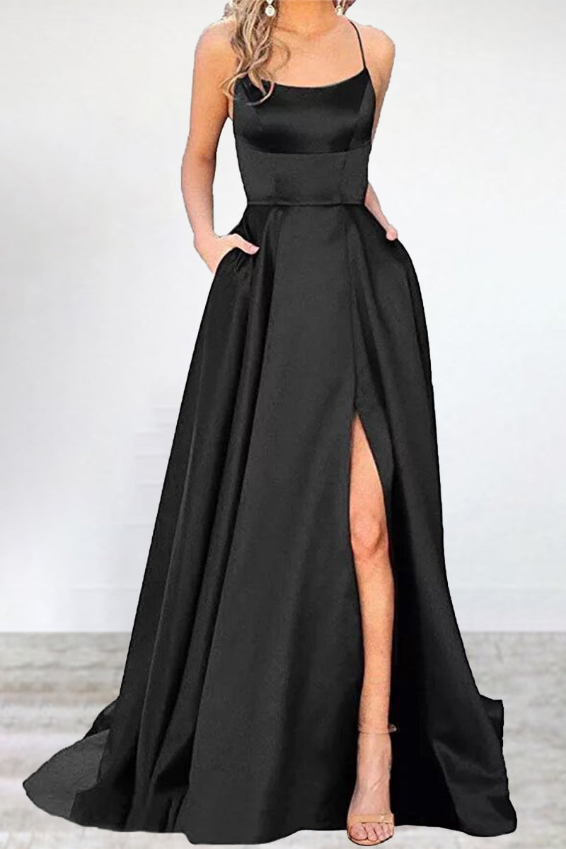 Sexy Formal Solid High Opening U Neck Evening Dress Dresses Black