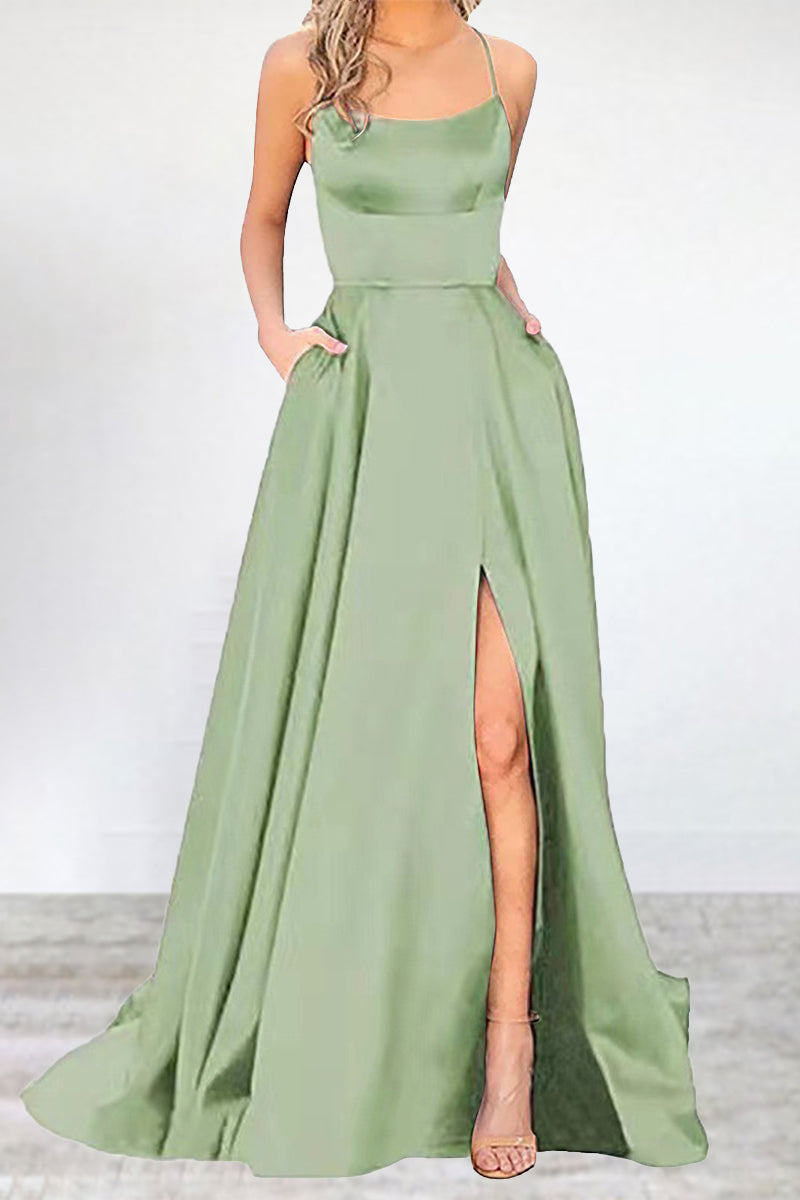 Sexy Formal Solid High Opening U Neck Evening Dress Dresses Light Green