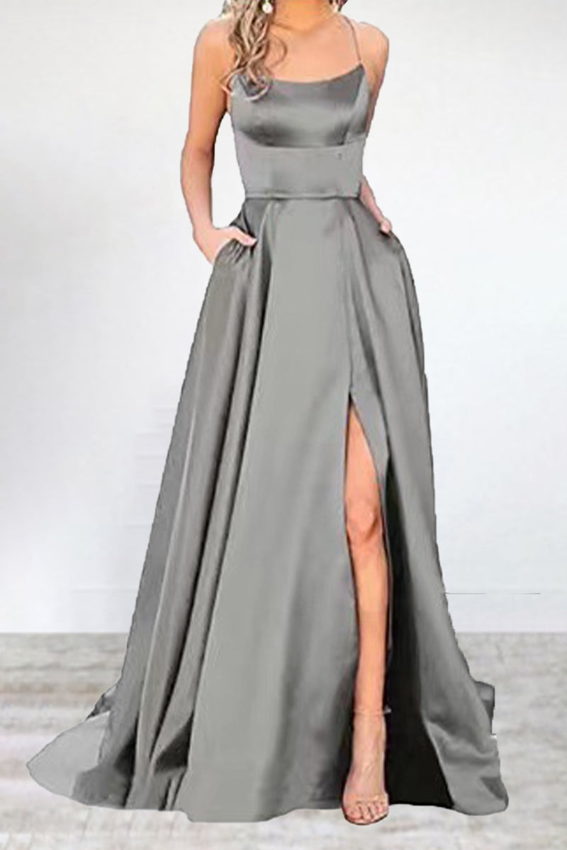 Sexy Formal Solid High Opening U Neck Evening Dress Dresses Grey