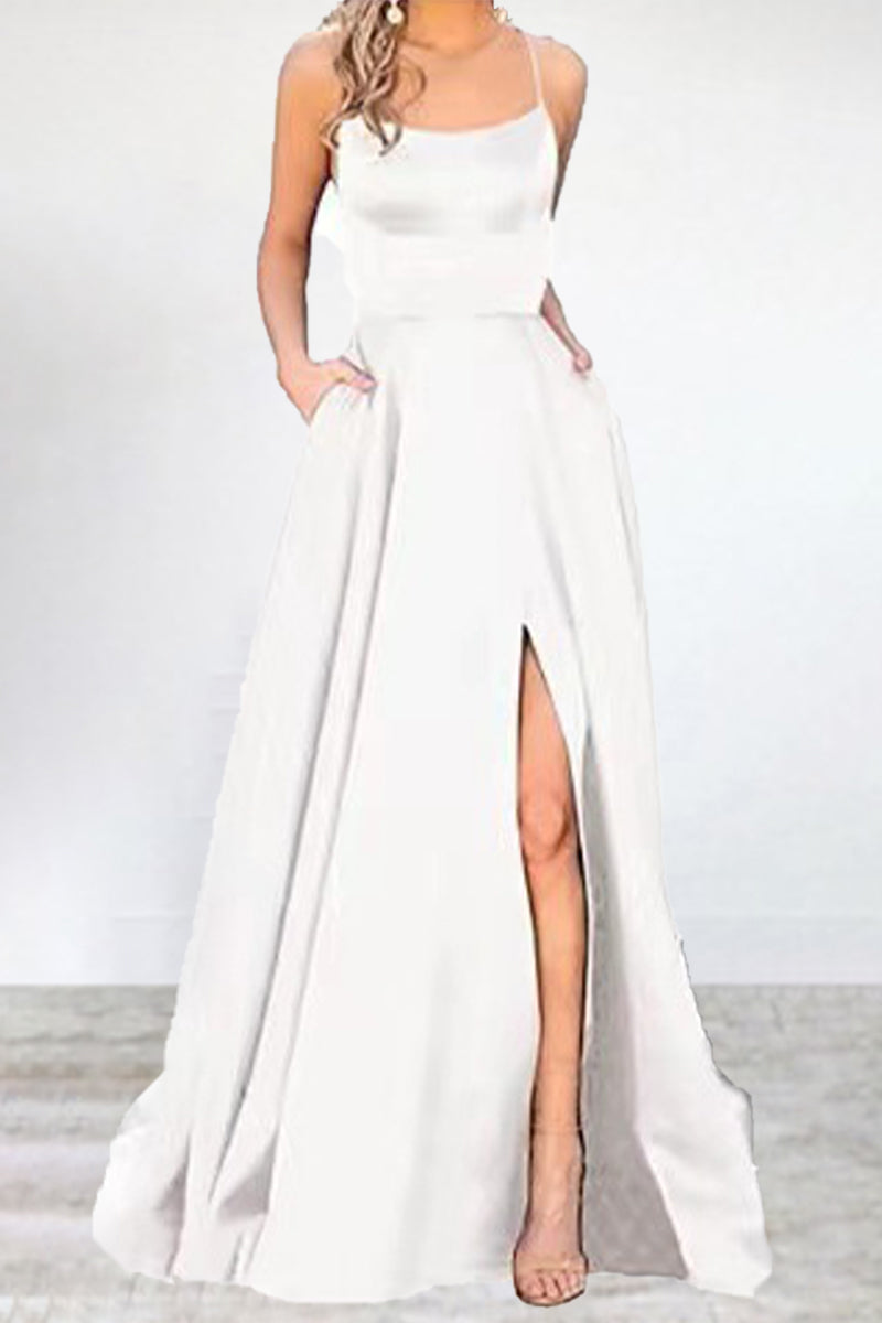 Sexy Formal Solid High Opening U Neck Evening Dress Dresses White