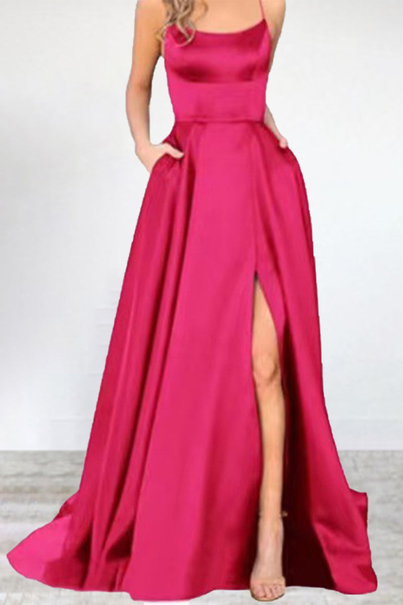 Sexy Formal Solid High Opening U Neck Evening Dress Dresses Rose Red