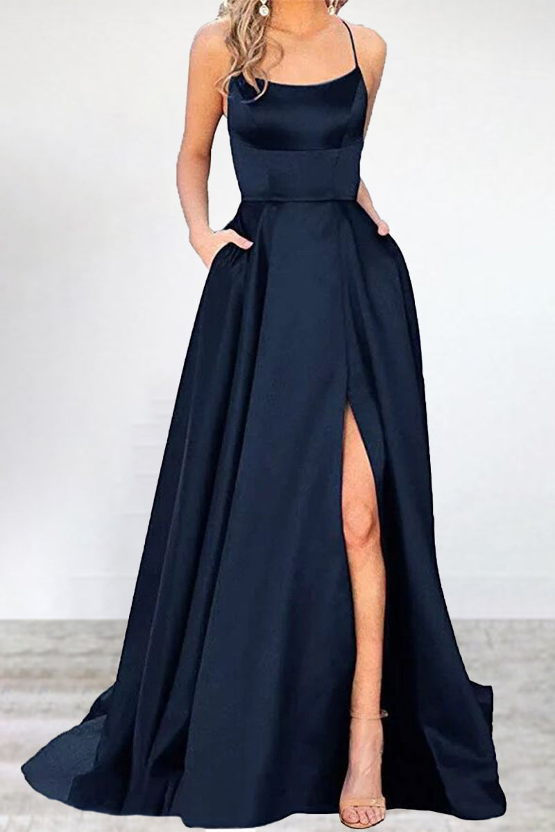 Sexy Formal Solid High Opening U Neck Evening Dress Dresses Navy Blue