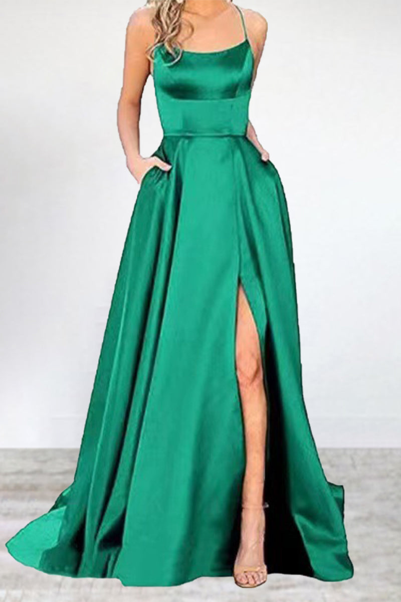 Sexy Formal Solid High Opening U Neck Evening Dress Dresses Green