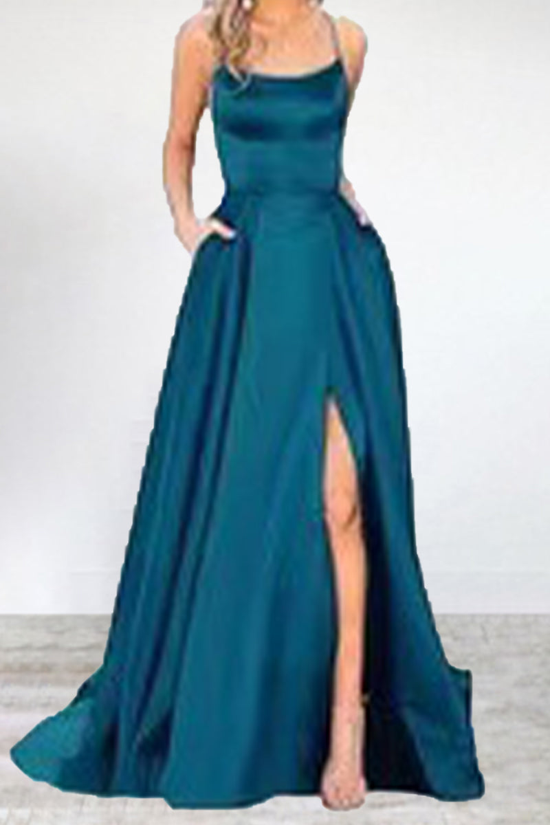 Sexy Formal Solid High Opening U Neck Evening Dress Dresses Lake Blue