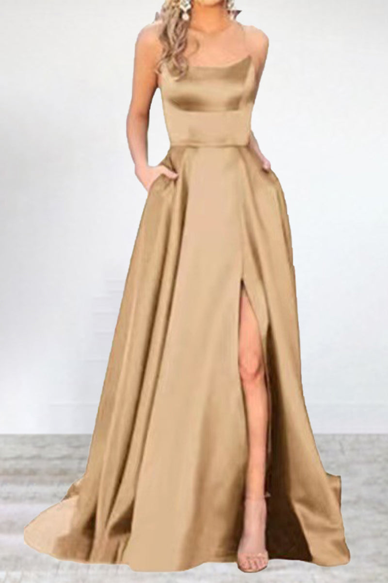 Sexy Formal Solid High Opening U Neck Evening Dress Dresses Khaki