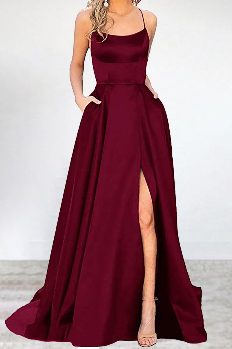 Sexy Formal Solid High Opening U Neck Evening Dress Dresses Burgundy