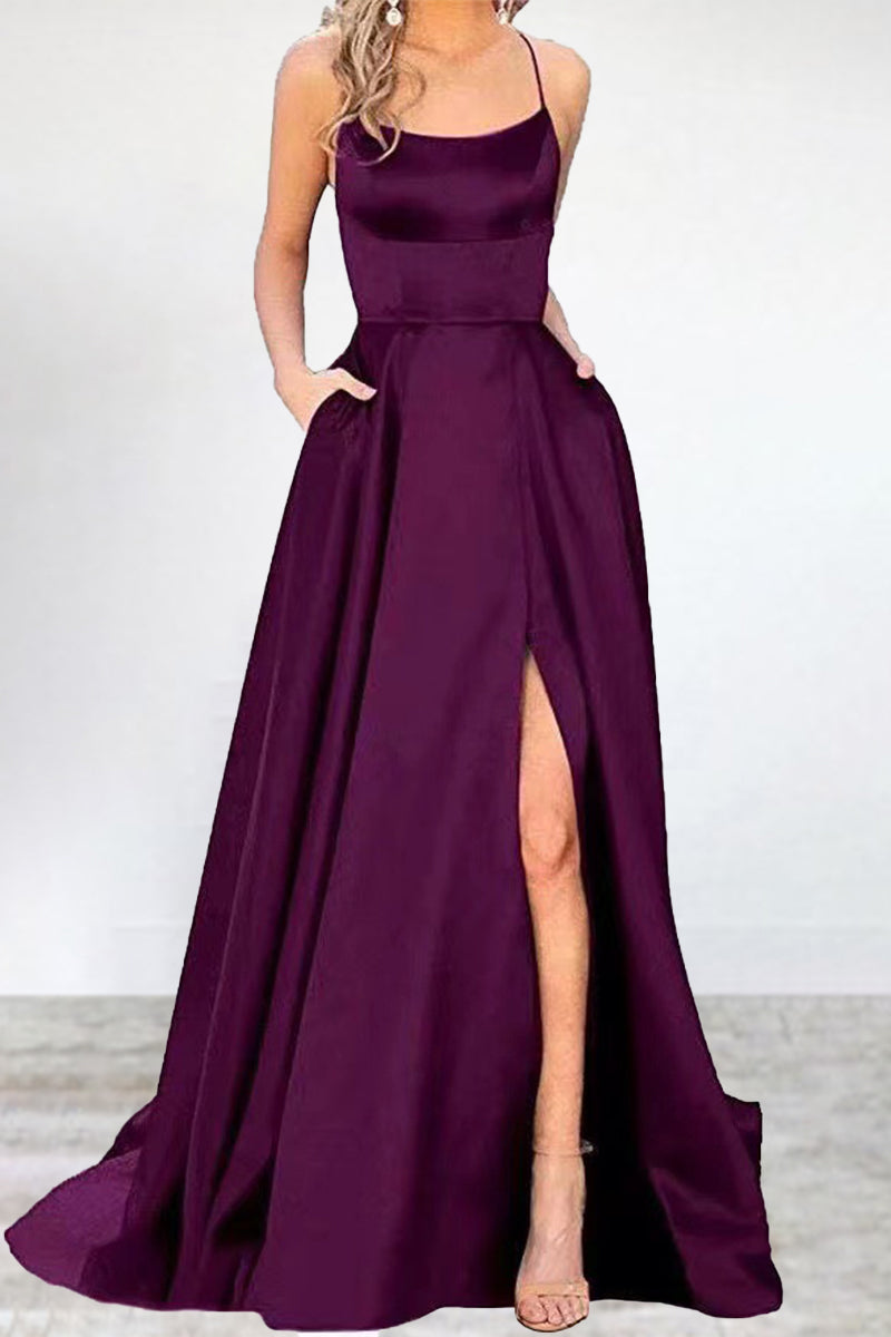 Sexy Formal Solid High Opening U Neck Evening Dress Dresses Purple