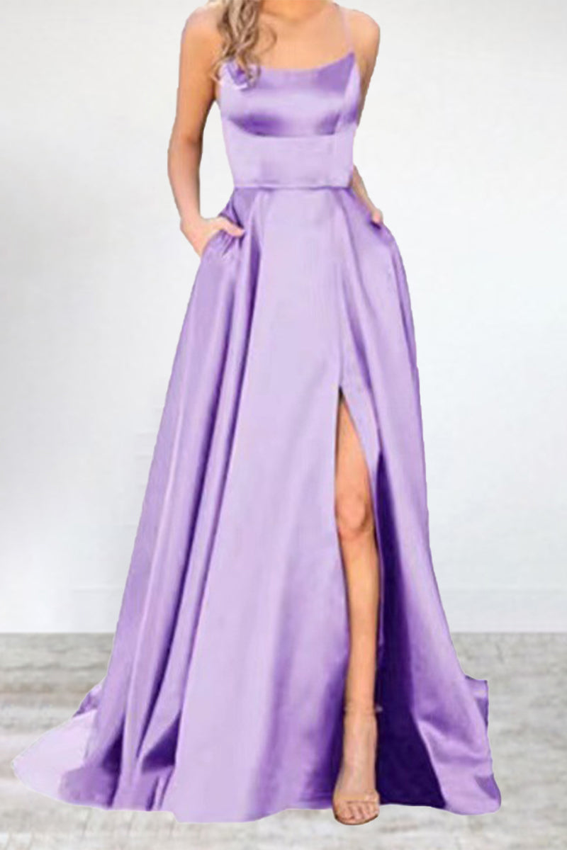 Sexy Formal Solid High Opening U Neck Evening Dress Dresses Light Purple