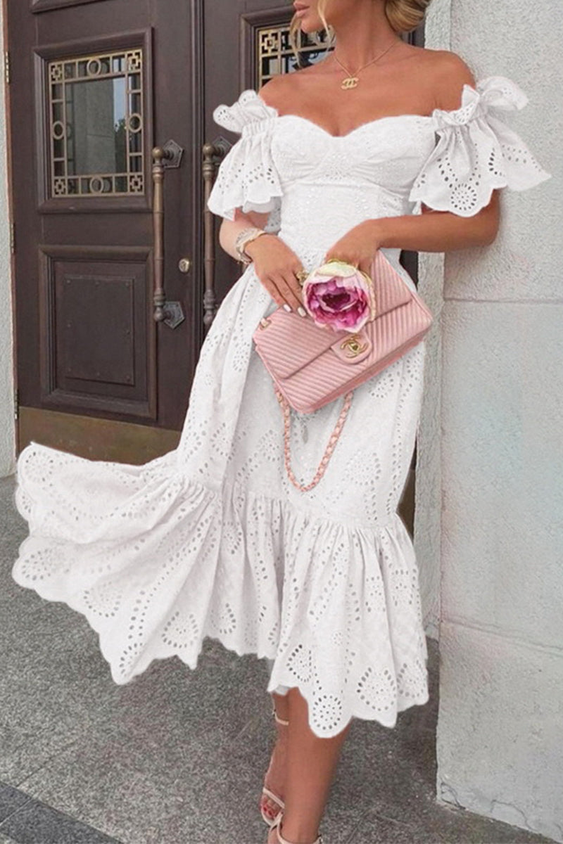 Fashion Street Solid Patchwork Off the Shoulder Princess Dresses White