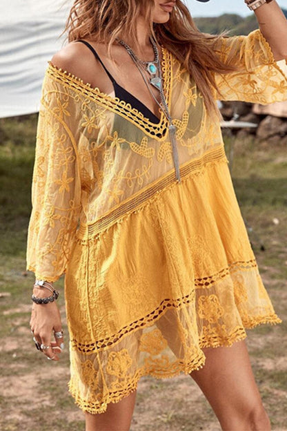 Sexy Vacation Solid Hollowed Out Swimwears Cover Up(6 Colors) Yellow One Size