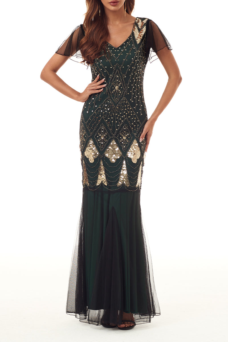 Elegant Formal Beading Zipper V Neck Evening Dress Dresses Green