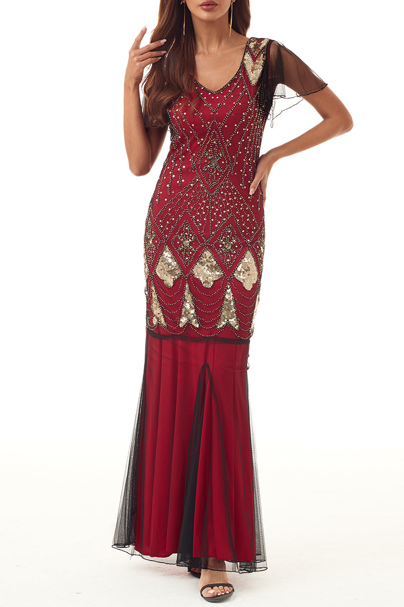 Elegant Formal Beading Zipper V Neck Evening Dress Dresses Golden Red