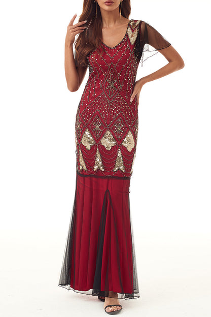 Elegant Formal Beading Zipper V Neck Evening Dress Dresses Golden Red