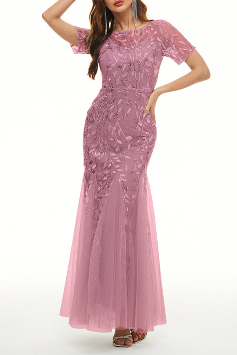 Celebrities Elegant Patchwork Sequins O Neck Evening Dress Dresses Pink