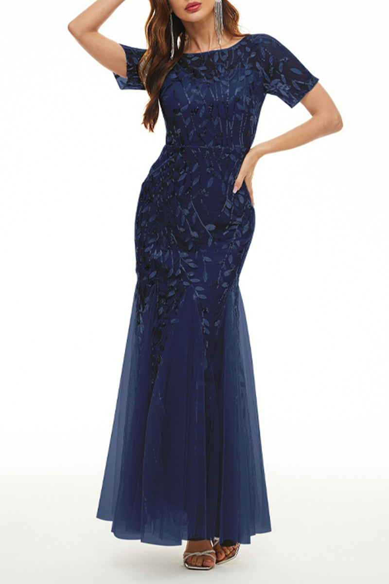 Celebrities Elegant Patchwork Sequins O Neck Evening Dress Dresses Tibetan Blue