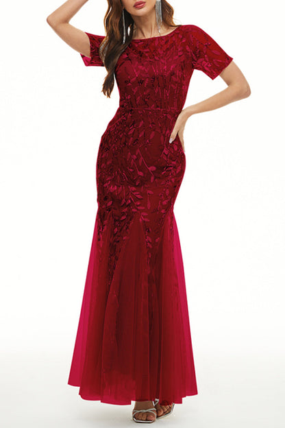 Celebrities Elegant Patchwork Sequins O Neck Evening Dress Dresses Burgundy