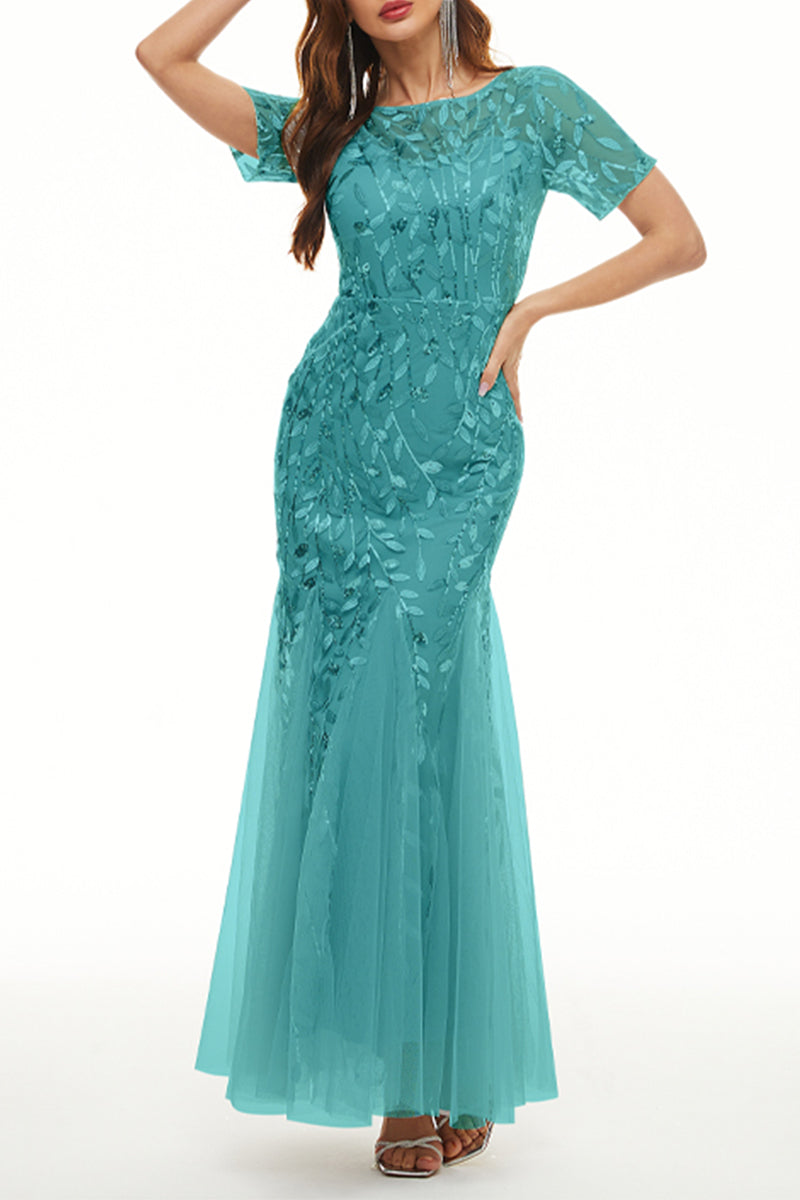 Celebrities Elegant Patchwork Sequins O Neck Evening Dress Dresses Cyan