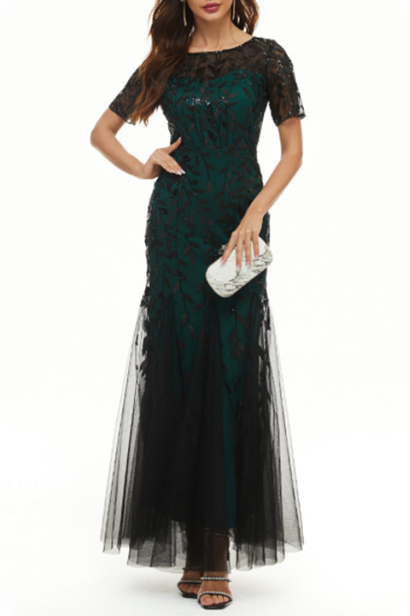 Celebrities Elegant Patchwork Sequins O Neck Evening Dress Dresses Black Green