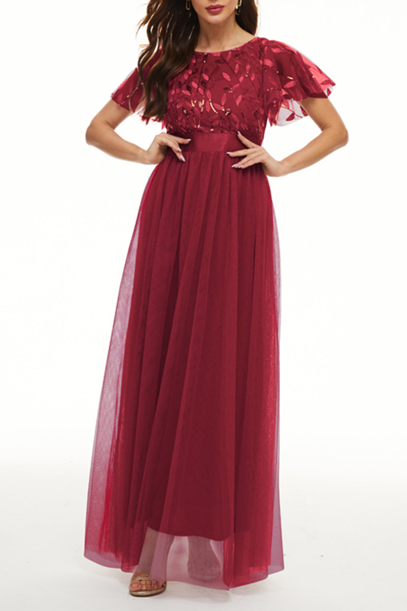 Elegant Formal Patchwork Zipper O Neck Ball Gown Dresses Burgundy