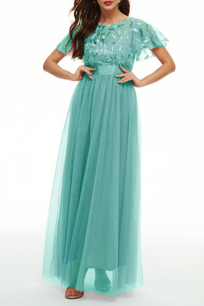 Elegant Formal Patchwork Zipper O Neck Ball Gown Dresses Cyan