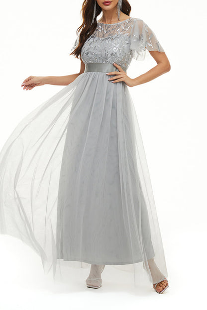 Elegant Formal Patchwork Zipper O Neck Ball Gown Dresses Silver Gray