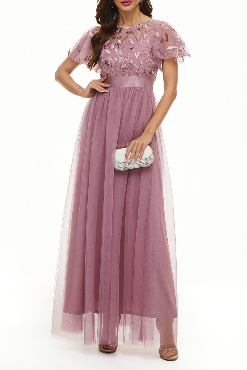 Elegant Formal Patchwork Zipper O Neck Ball Gown Dresses Pink