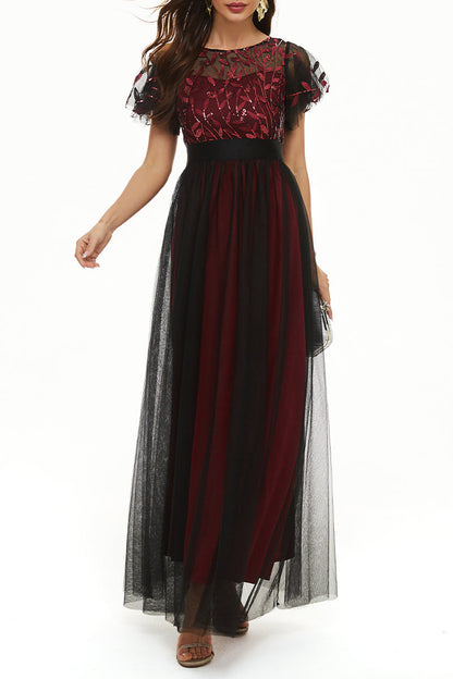 Elegant Formal Patchwork Zipper O Neck Ball Gown Dresses Black Red