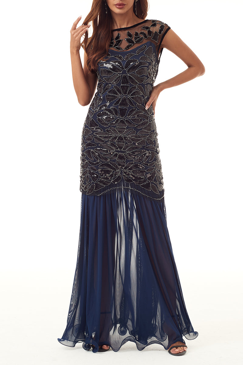 Elegant Formal Patchwork Sequins Beading Zipper O Neck Evening Dress Dresses Tibetan Blue