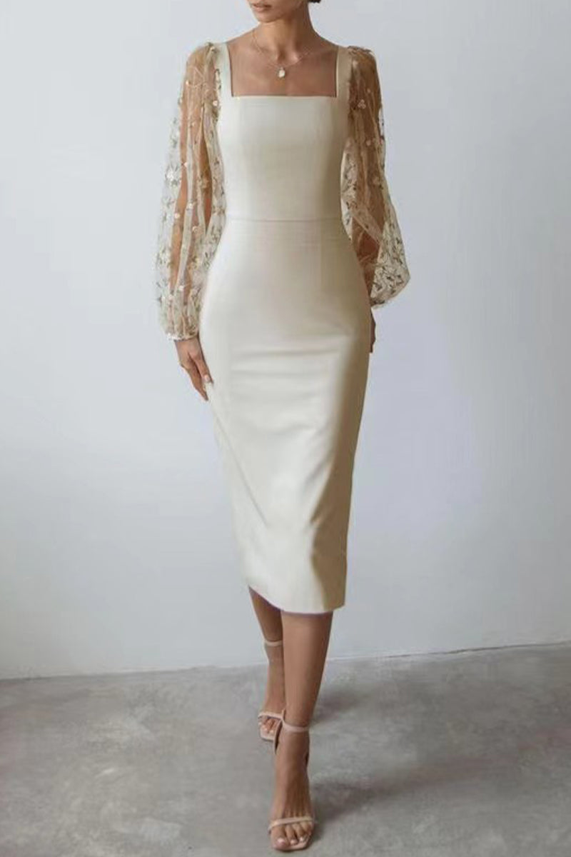 Elegant Solid Embroidered Square Collar Wrapped Skirt Dresses White