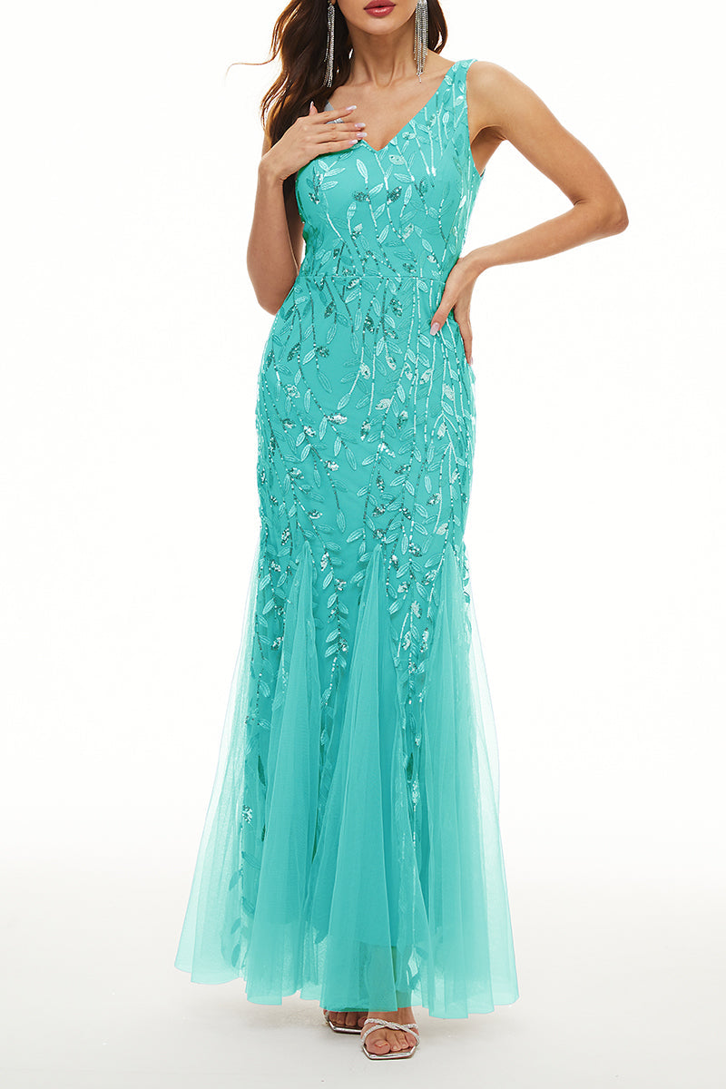 Elegant Formal Patchwork Embroidered V Neck Evening Dress Dresses(10 Colors) Cyan