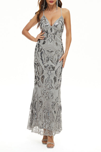 Sexy Formal Patchwork Bandage Sequins V Neck Evening Dress Dresses Grey