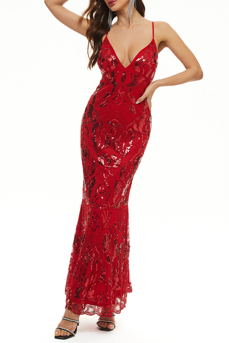 Sexy Formal Patchwork Bandage Sequins V Neck Evening Dress Dresses Red