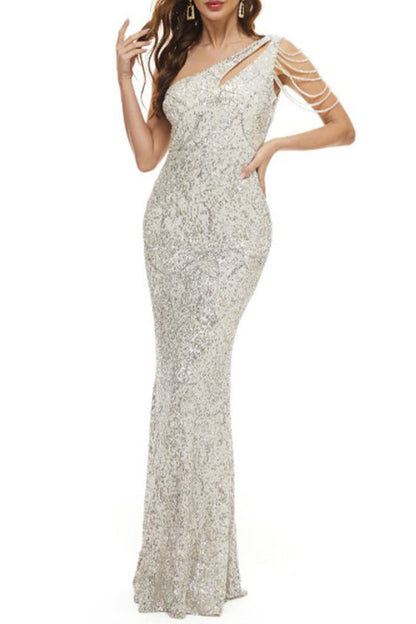 Celebrities Elegant Solid Sequins Oblique Collar Evening Dress Dresses Silver