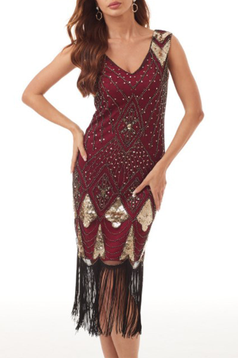 College Formal Patchwork Tassel Sequins Beading V Neck Evening Dress Dresses Red Black