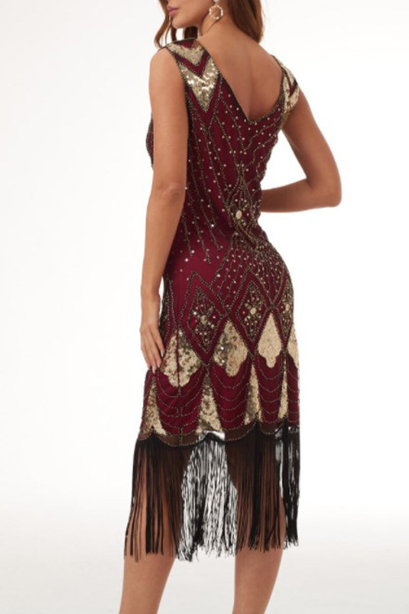 College Formal Patchwork Tassel Sequins Beading V Neck Evening Dress Dresses