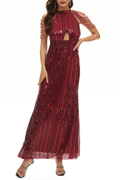 Celebrities Elegant Solid Sequins Patchwork O Neck Evening Dress Dresses Burgundy