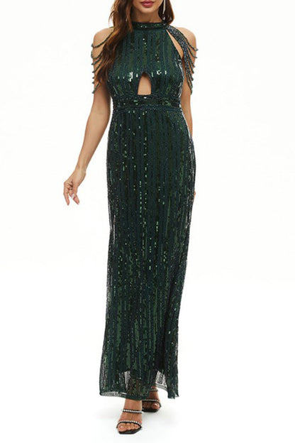 Celebrities Elegant Solid Sequins Patchwork O Neck Evening Dress Dresses Green