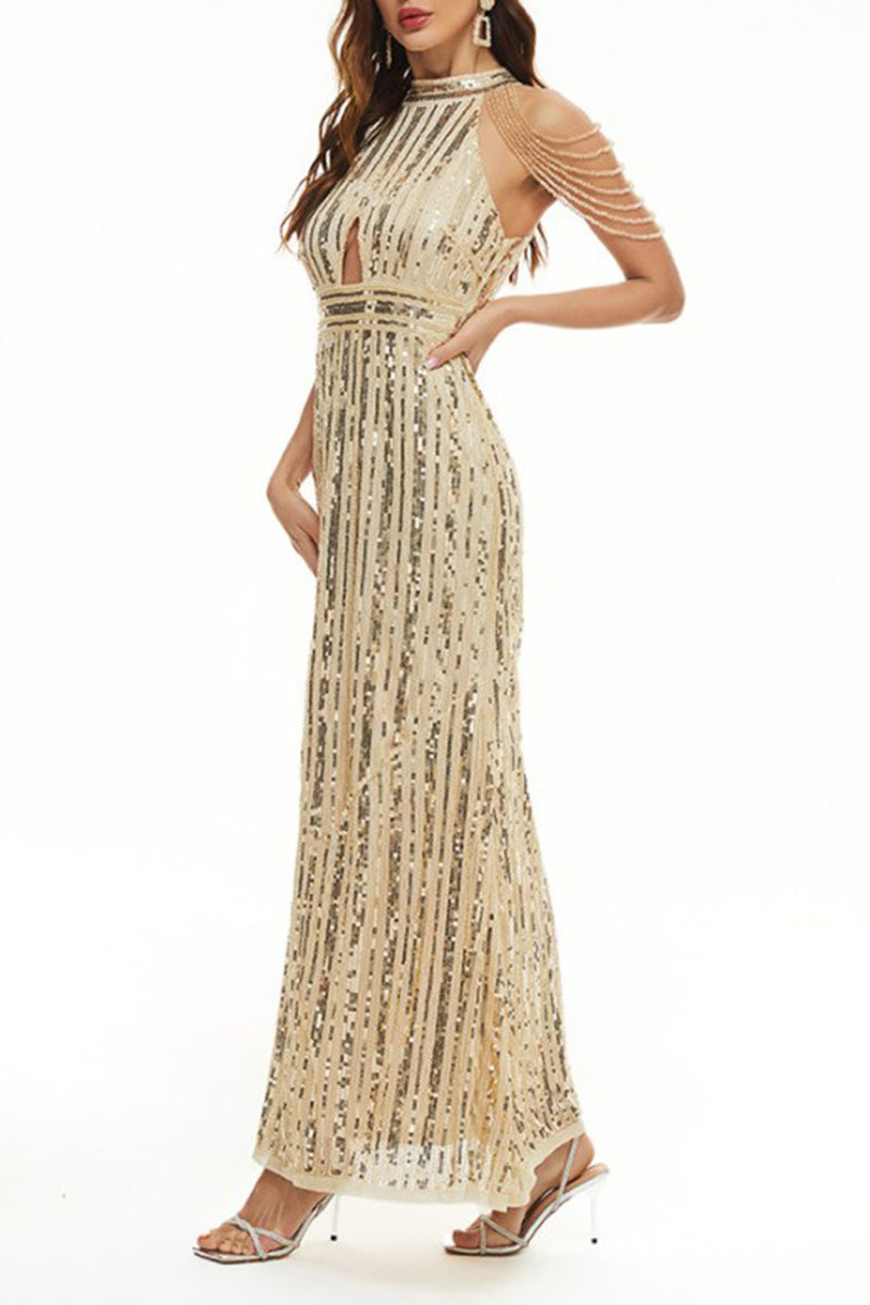 Celebrities Elegant Solid Sequins Patchwork O Neck Evening Dress Dresses Apricot