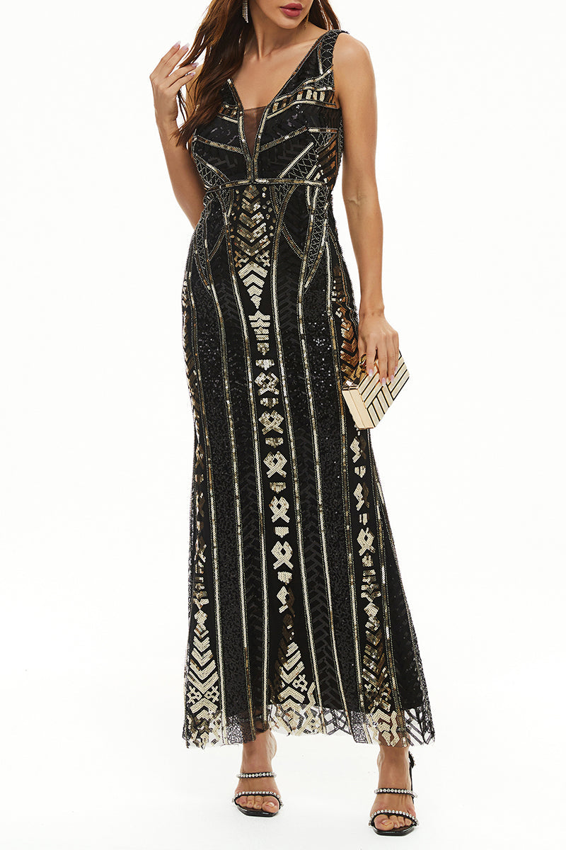 Elegant College Patchwork Sequins V Neck Evening Dress Dresses Black Gold