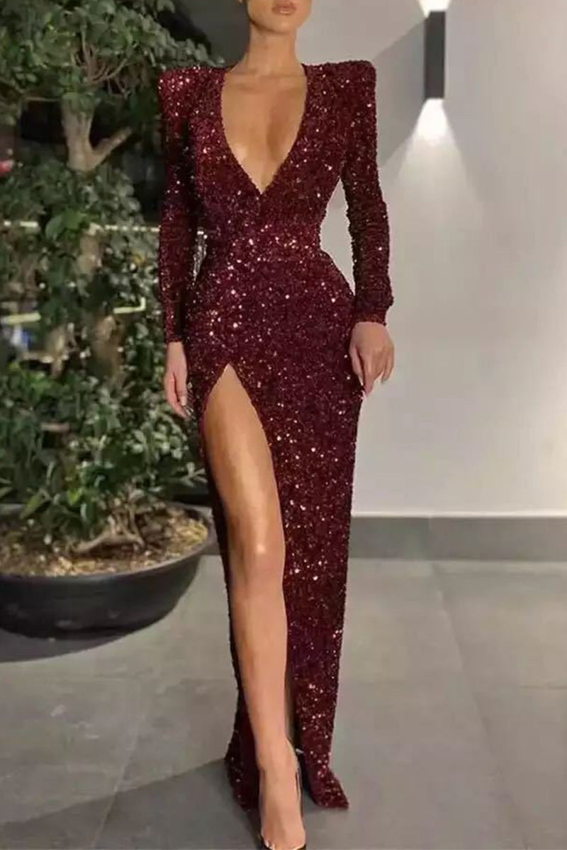 Sexy Formal Solid Sequined V Neck Evening Dress Dresses Burgundy